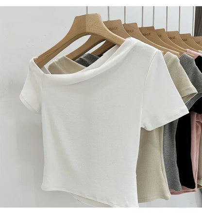 Womens Long Sleeve Off Shoulder T Shirts 2026 Tight Knit Sexy Slim Fitted Casual Women's Basic Tops Cropped T-Shirt