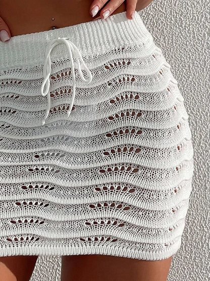 Elegant Solid Color Bikini Short Skirt Beach Nightclub Fashionable Pool Party Hollow out Design Covered Knitted Women's Dress