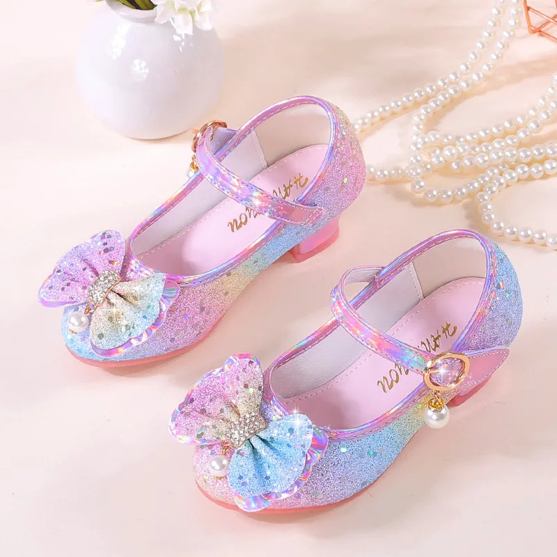 Girls Shoes New Children's Princess Single Shoes Fashion Korean Version High Heel Color Sequins Girls High Heel Leather Shoes