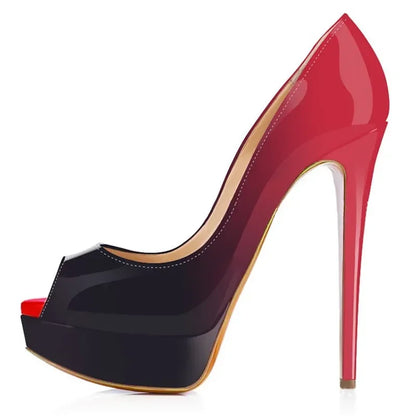 2026 New Women Pumps Sexy Platform Peep Toe 14cm Extremely High Heels Stiletto Patent Leather Party Nighclub Red Wedding Shoes