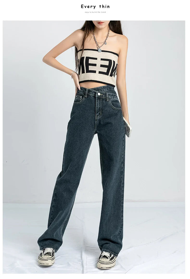 Wide Leg Pants Mom Femme Black Blue Jeans High Waist Woman Trousers