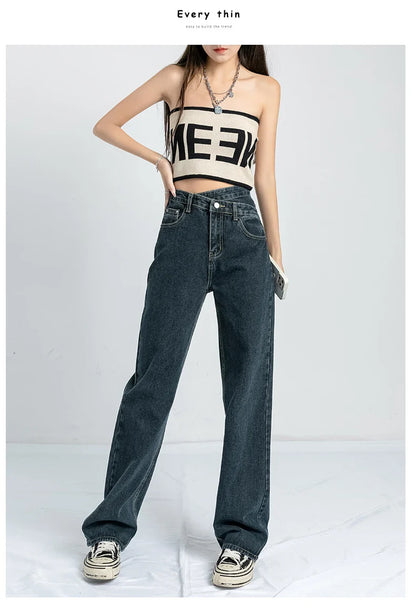 Wide Leg Pants Mom Femme Black Blue Jeans High Waist Woman Trousers