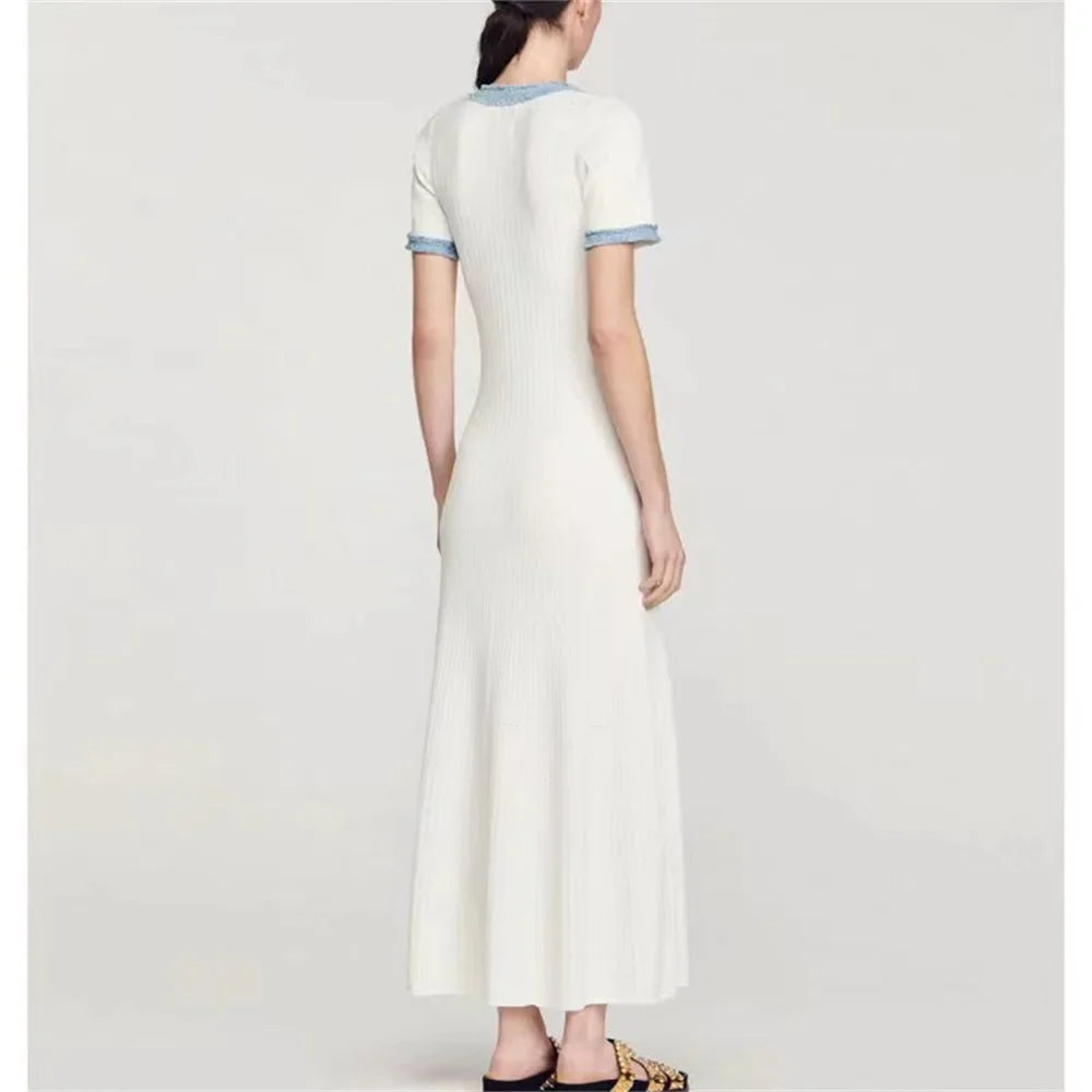 Elegant Contrasting Women Knit Maxi Dress Chic O-neck Short Sleeve Metal Buttons Bodycon Dresses Office Lady Commuting Robe