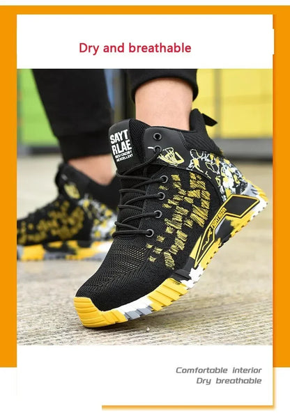 Men's All Seasons Safety Shoes Breathable Flying Woven Steel Toe Cap Impact Resistant Puncture Proof mid Cut Sneakers