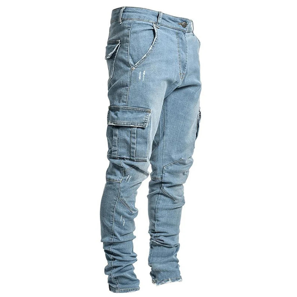 Calça Jeans Masculina Skinny Rasgada Estilo Streetwear Com Bolsos Laterais Calça Cargo Jeans Slim Fit Calça Macia Elástica Jogger