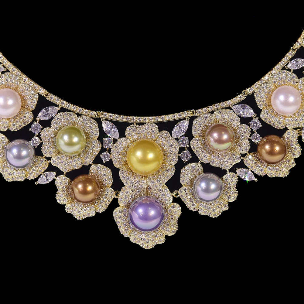 High Quality Zircon Pearls Jewelry sets Luxury Designer Flower Necklace Women Sparkling Dubai Bridal Party Costume Accessories