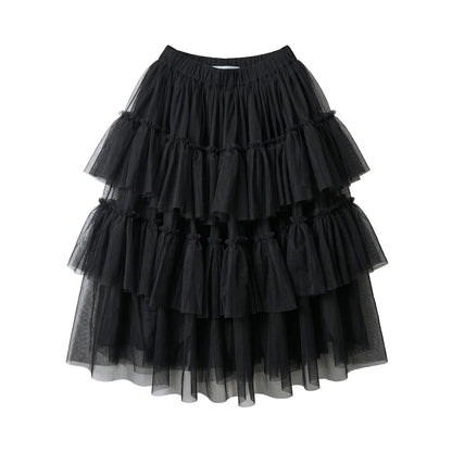 Spring Japanese Mesh High Waist Medium Length A-line Half length Skirt Women's Elastic Forest Black Cake Skirt 265434