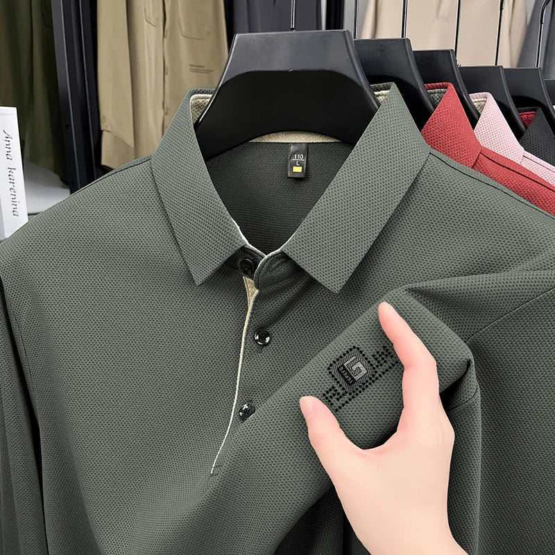 High End Brand Quality Men's Polo Shirt Autumn Exquisite Solid Color Letter Print Lapel Long Sleeve Business Classic Menswear