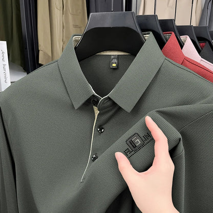 High End Brand Quality Men's Polo Shirt Autumn Exquisite Solid Color Letter Print Lapel Long Sleeve Business Classic Menswear