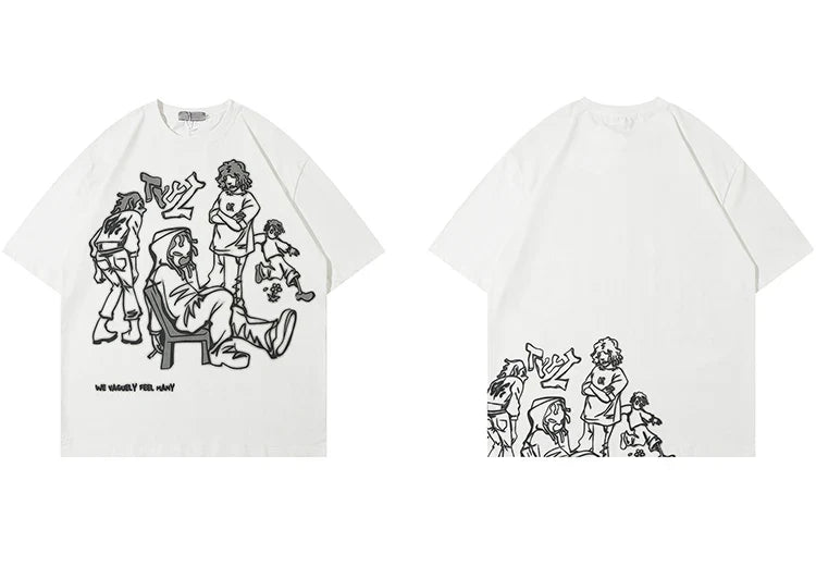 Harajuku Cartoon Girl Cat Japanese Kanji Graphic T Shirt Streetwear Men T-Shirt Summer Short Sleeve Tshirt Tops Tees Unisex