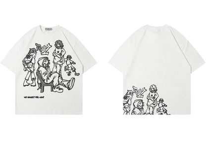 Harajuku Cartoon Girl Cat Japanese Kanji Graphic T Shirt Streetwear Men T-Shirt Summer Short Sleeve Tshirt Tops Tees Unisex