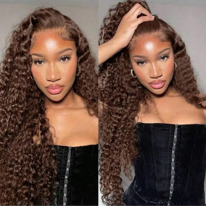 Chocolate Brown 13x4 Human Hair Wigs HD Lace Human Hair Wig 34 Inch Brown Deep Curly Lace Frontal Wigs 13x4 Transparent Lace Wig