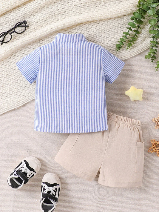 2-piece set of fashionable casual striped short sleeved shirt and breathable practical shorts for baby boys, summer