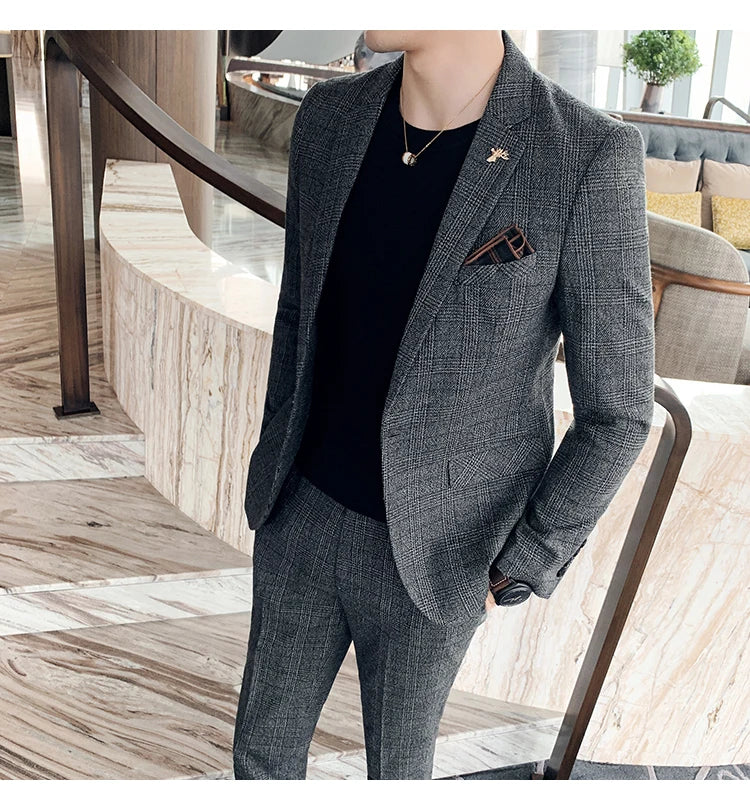 S-7XL Jacket + Pants / Luxurious High -end Brand Solid Color Men's Casual Business Slim Suit Two -piece Suit Groom Wedding Suit