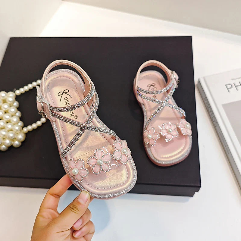 Girls Princess Sandals Children Summer Beach Shoes Soft Bottom Anti-slippery Fashion Kids Flowers Rhinestone Sandals Size 23-36
