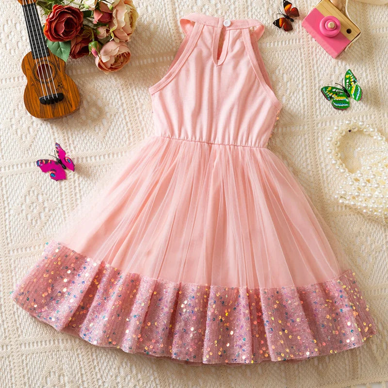 Girl Party Princess Dress Summer Sequin Tulle Dress Elegant Party Red/Pink/White Dresses 3-7Y for Wedding Birthday Holiday Gift