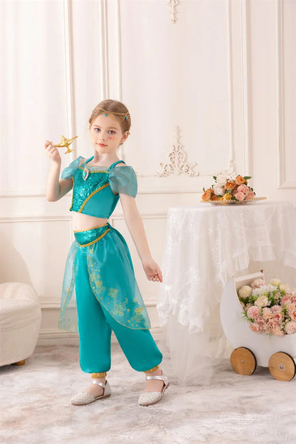Aladdin Princess Girl Dress Jasmine Two-piece Set Kids Film Role Play Costume Halloween Party Clothes Children Birthday Gift