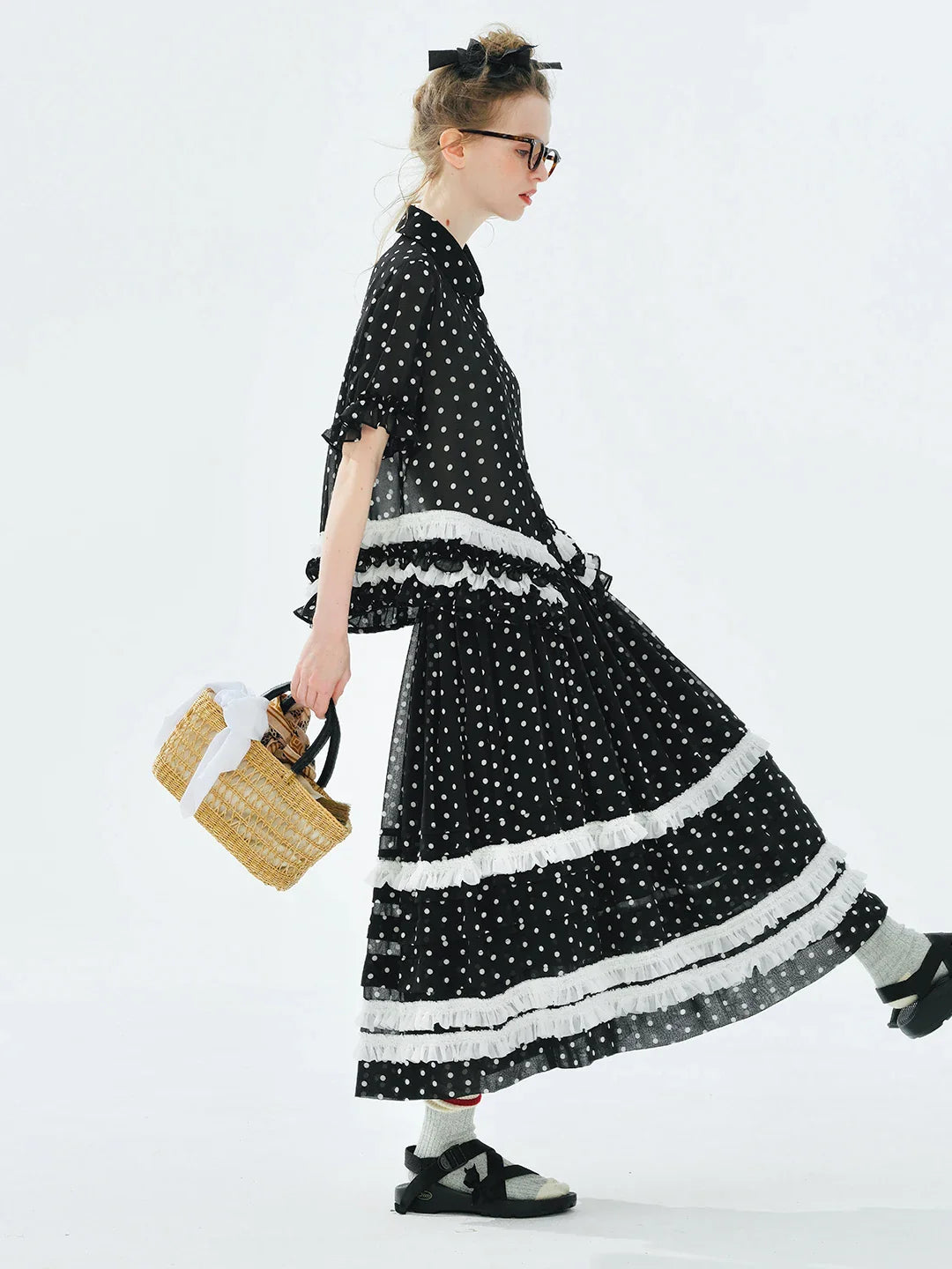 Women's Black Midi Skirt Elastic Waist White Polka Dots Tiered Ruffles Summer Essential Versatile Styling 255079
