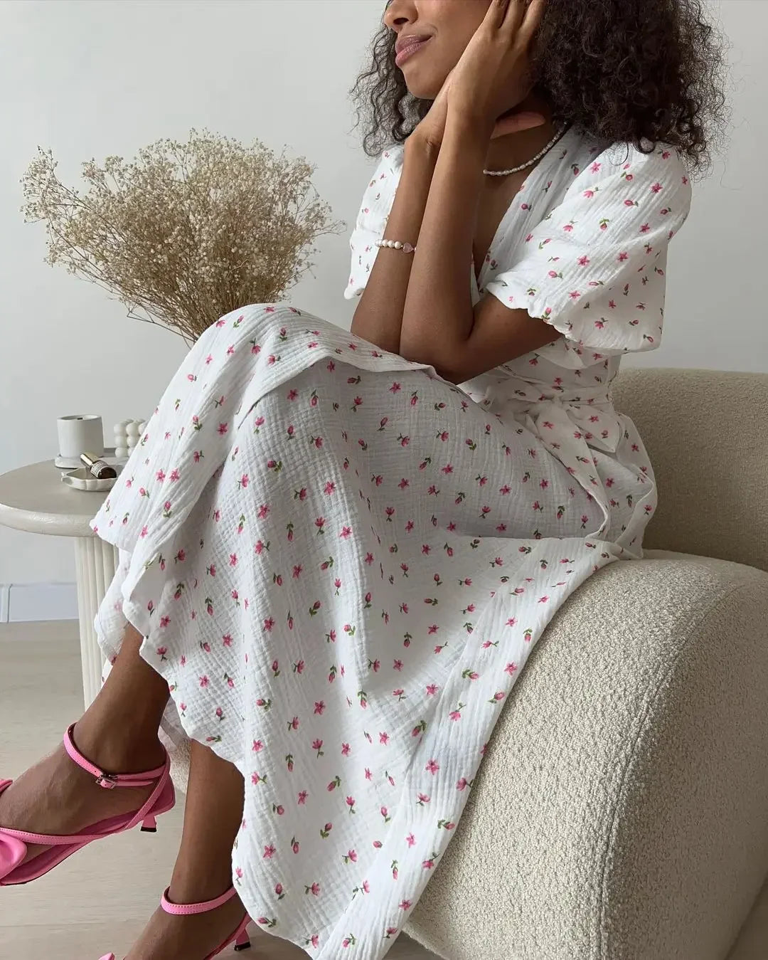 Summer Women Psrinted Dress Lace Up Short Sleeve Fashion Office Lady Long Dress 100% Cotton Daily Casual V-neck Skirt