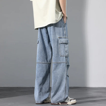 Large Pocket Baggy Solid Jeans Men's 2026 New Spring Classic Straight Denim Trousers Street Y2K Elastic Waist Casual Cargo Pants