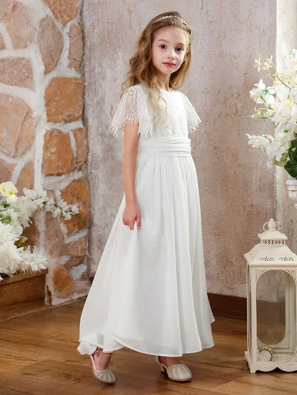 Vestidos de Festa de Casamento em Renda Chiffon Vintage para Meninas com Mangas Bufantes e Linha A, Daminha de Honra