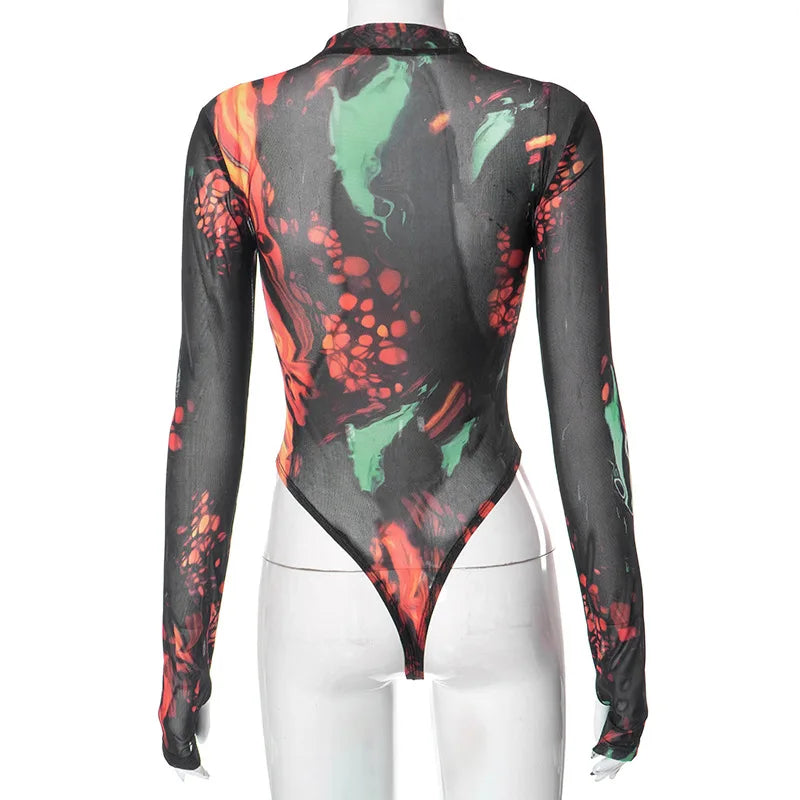 Tie Dye Sexy Bodysuit Lingerie Long Sleeve Corset Top Women One-Pieces Rave Outfit Bodycon Lenceria Femenina See Through Bustier