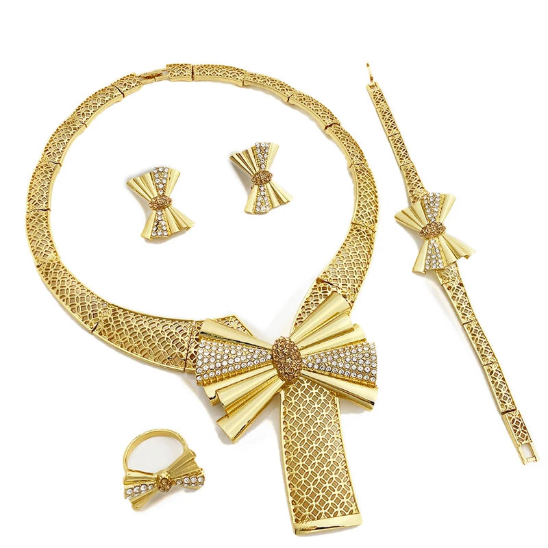 Conjunto de Joias Femininas Banhadas a Ouro 18k, Design Clássico, Colar, Brinco, Pulseira e Anel, Conjunto de 4 Peças, Joias para Festa de Casamento, Itália