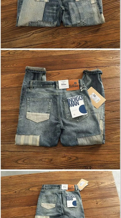 Autumn and Spring New Fashion Trend Printed Ripped Straight Leg Jeans Men's Casual Loose Vintage Sports High-grade Denim Pants