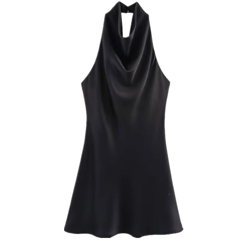 Silk Satin Texture Summer New Arrival Women's  Dr Hanging Ne Collar Gown Soft A-Line Skirt High Waist Pure Color