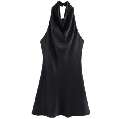 Silk Satin Texture Summer New Arrival Women's  Dr Hanging Ne Collar Gown Soft A-Line Skirt High Waist Pure Color
