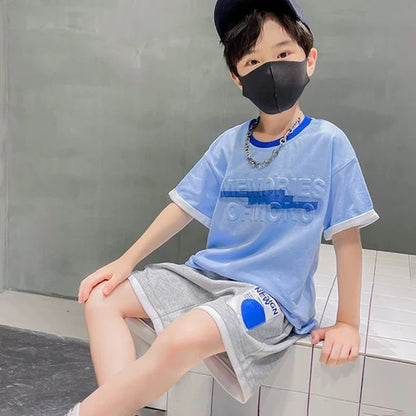 Teen Boys Tracksuit Clothes Sets 2026 Summer Children Gradient Letter Print Short Sleeve T-shirt+Shorts 2Pcs Kids Casual Outfits