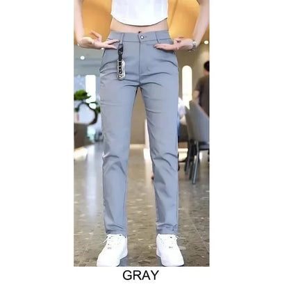 Summer Pants Ice Silk Men's Casual Simple Khaki Black Slim Straight Stretch Trousers Business Casual Male Clothing Pant