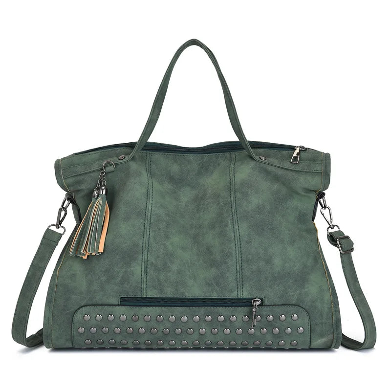 Vintage Designer Luxury Women Tote Bag Casual Lage Capacity Handbags Fashion Rivet Tassel PU Leather Female Shoulder Bag
