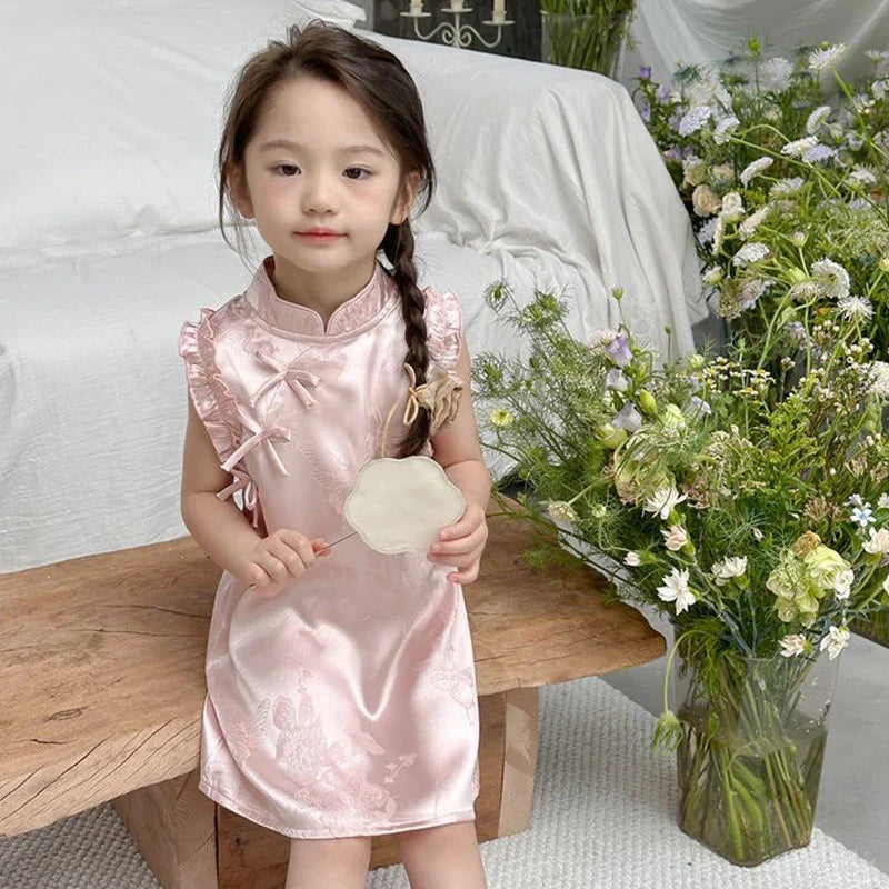 Vestido de princesa rosa estilo chinês retrô Qipao sem mangas para meninas de 2 a 10 anos Vestido 2026 Novo verão Roupas para o Dia das Crianças 6.1