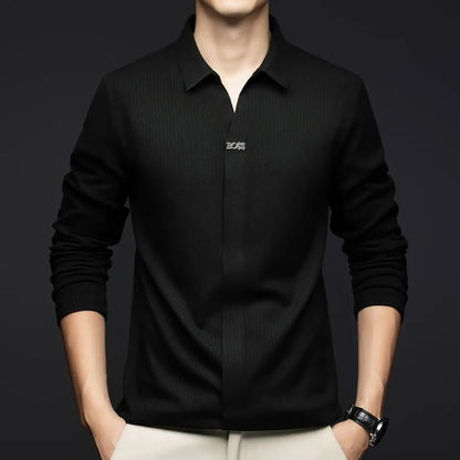 Men's Business Casual Solid Color Stretch V-neck POLO Shirt Daily Commute Striped Sweater for Fall 2024.