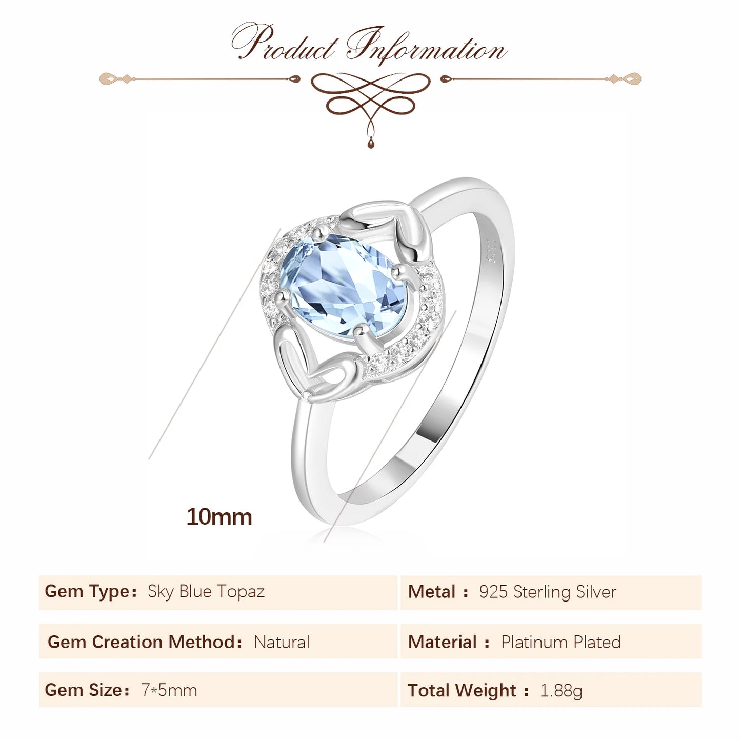 Oval Genuine Natural Sky Blue Topaz 925 Sterling Silver Rings for Women Fashion Gemstone Engagement Ring Band