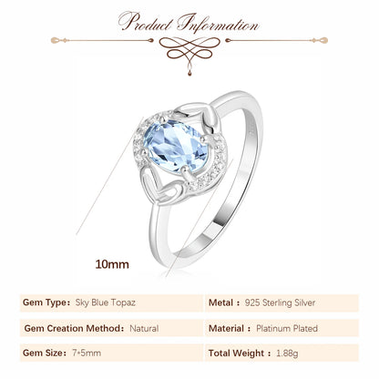 Oval Genuine Natural Sky Blue Topaz 925 Sterling Silver Rings for Women Fashion Gemstone Engagement Ring Band
