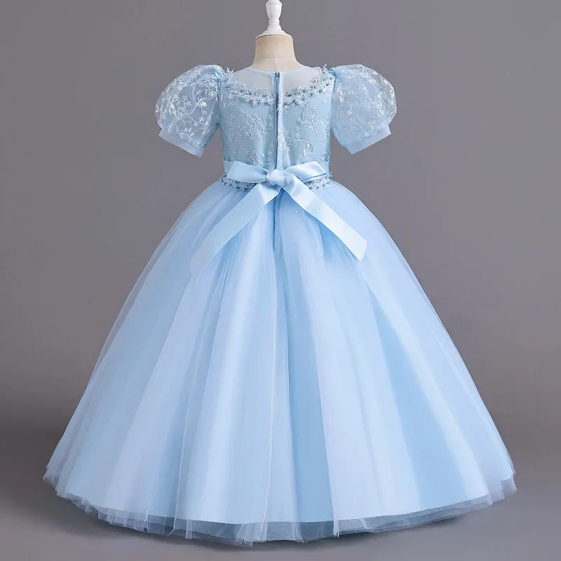 8901 Vestido Infantil para Meninas de 4 a 12 anos Princesa Lantejoulas Manga Bufante Longo Tule Florista Casamento Verão Pequeno