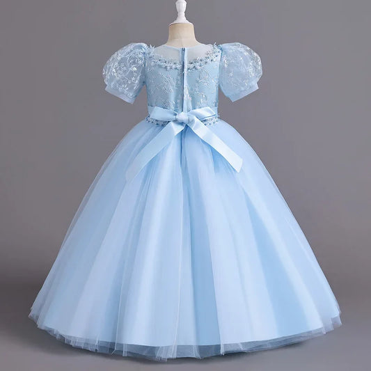 Children's Dress for Girls' 4-12 years old Princess Sequin Bubble Sleeve Long Mesh Flower Girl Wedding Little Summer