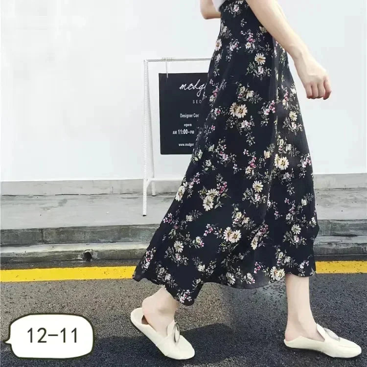 Summer Yellow/Pink Floral A-line Maxi Long Chiffon Skirts Daisy Patchwork Bright Flowers Beach Casual Maxi Long Chiffon Skirts