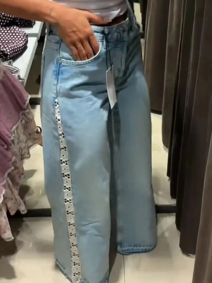 Side Lace Hollow Out Patchwork Jeans High Waist Wide Leg Denim Pants