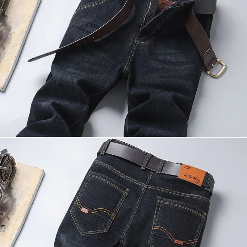 Men New Fashion Winter Warm Jeans Male Fleece Lined Thickened Denim Pants Loose Straight Comfortable Casual Black Blue Trousers