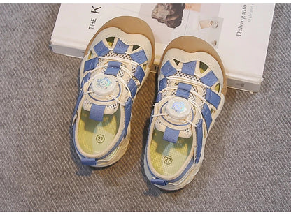 Kids' Rotating Button Closed-Toe Sandals, Breathable Mesh Shoes, Non-Slip Boy Girls Barefoot Shoes Summer Casual Sports Sandals