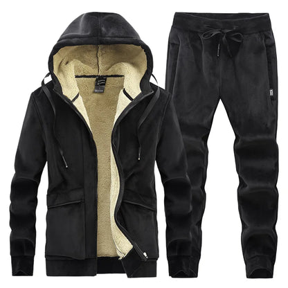 Mens Fleece Warm Tracksuit Male Winter Warm Hooded Fashion Sets Mens Hoodies + Pants Sportswear Sets WinterThick Set