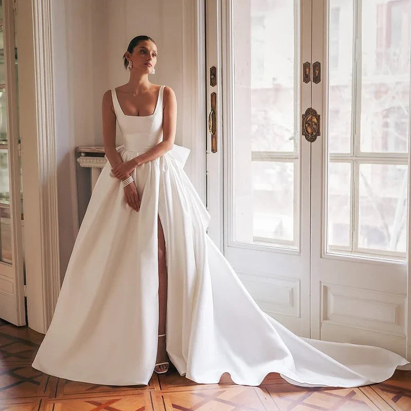 2025 A-Line Wedding Dresses Square Collar Sleeveless Satin Bridal Dress Women Evening Wedding Prom Gowns Customized