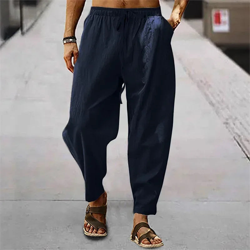 Men spring Summer Cotton Linen Waist Wide-Leg Trousers Men Solid Elastic Waist Streetwear Joggers New Baggy Casual long Trousers