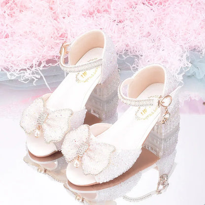 2025 Summer Girls' Princess Shoes Fashion Sequin Bow Soft Bottom Children's Sandals Girls' Performance Pearl Crystal High Heels