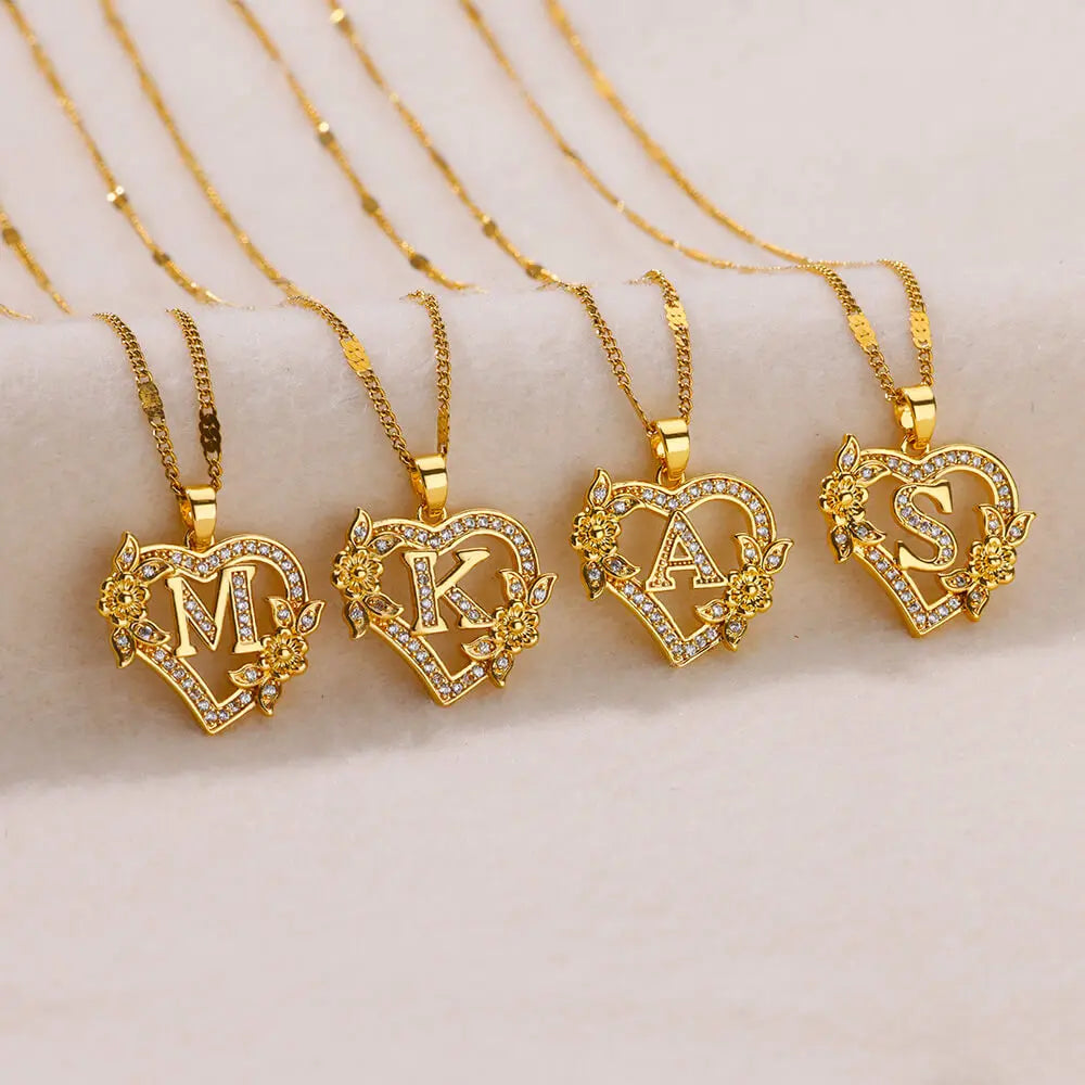 Flower Zircon Initial Heart Pendant Necklaces For Women 2024 Trend Stainless Steel Letter Necklaces Jewelry Best Friend Gifts
