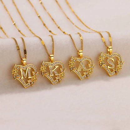 Flower Zircon Initial Heart Pendant Necklaces For Women 2024 Trend Stainless Steel Letter Necklaces Jewelry Best Friend Gifts
