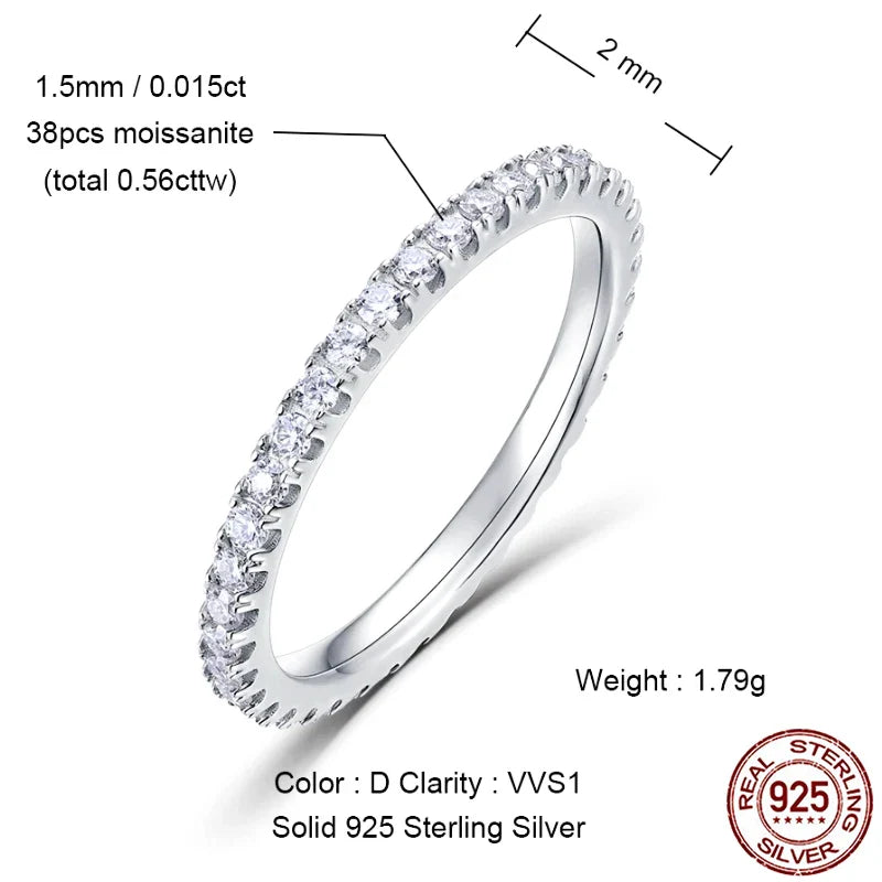 2mm Full Eternity Moissanite Ring 925 Sterling Silver D Color VVS1 Stackable Wedding Band For Women Fine Jewelry